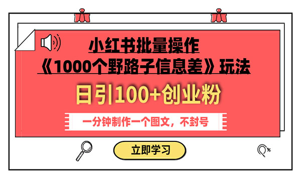 《1000个野路子信息差》小红书玩法，每天吸100+创业爱好者！每分钟一篇独家图文！-校睿铺