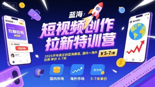 短视频创作拉新特训营，2025开年真正的蓝海赛道，国内+海外，拉新单价5-7米-校睿铺