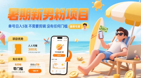 暑期新男粉项目 单号日入5张 不需要剪辑  没有任何门槛-校睿铺
