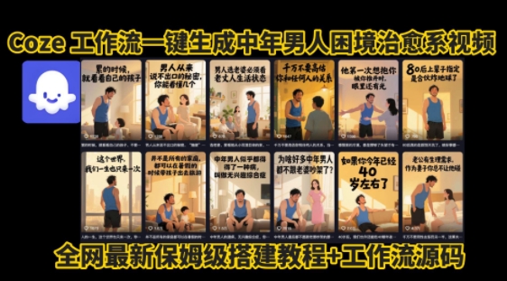 coze工作流一键生成”中年男人困境扎心高涨粉高播放量图文视频”保姆级拆解教程，无需剪辑，无需拍摄写文案-校睿铺
