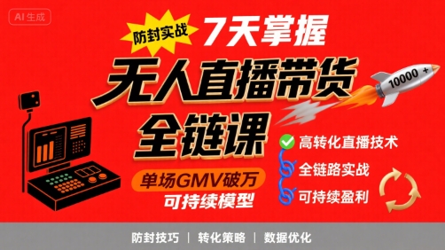 无人直播带货全链防封实战课，7天掌握高转化直播技术，实现单场GMV破万可持续模型-校睿铺