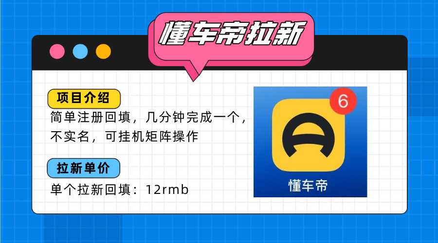懂车帝邪修拉新玩法，简单注册回填，不sm，单个拉新12rmb，轻松日入200+-校睿铺