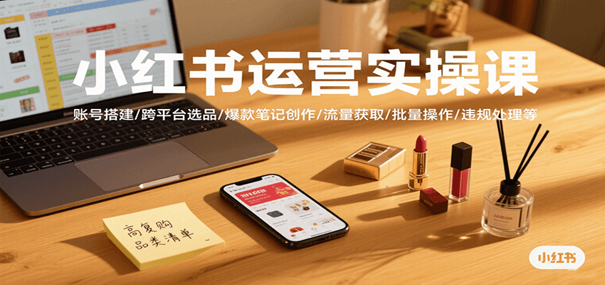 小红书运营实操课，账号搭建/跨平台选品/爆款笔记创作/流量获取/批量操作/违规处理等-校睿铺