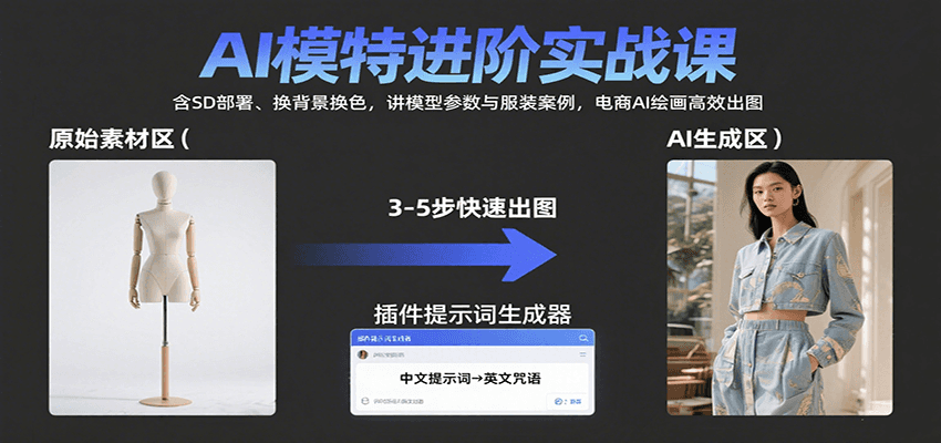 AI模特进阶实战课：含SD部署、换背景换色，讲模型参数与服装案例，电商AI绘画高效出图-校睿铺