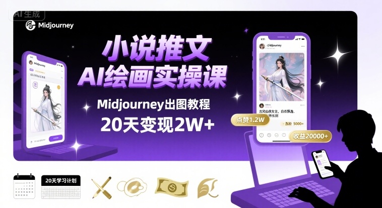 小说推文干货分享之AI绘画MJ出图实操课，用Midjourney做小说推文，20天挣2w-校睿铺