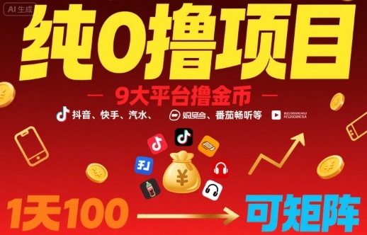 纯0撸项目，9大平台撸金币，抖音，快手，汽水，番茄畅听等，1天100，可矩阵-校睿铺