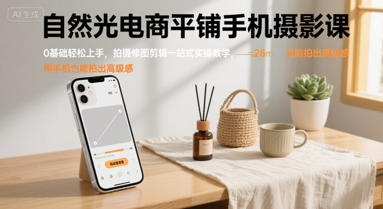 自然光电商平铺手机摄影课，0基础轻松上手，拍摄修图剪辑一站式实操教学，用手机也能拍出高级感-校睿铺