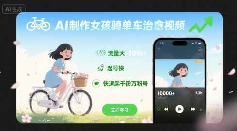 AI制作女孩骑单车治愈视频，流量大，起号快，快速起千粉万粉号-校睿铺