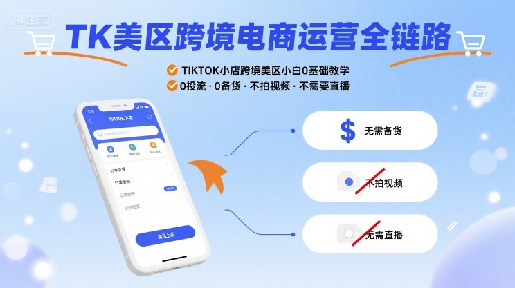 TK美区跨境电商运营全链路，TIKTOK小店跨境美区小白0基础教学，0投流0备货不拍视频不需要直播-校睿铺
