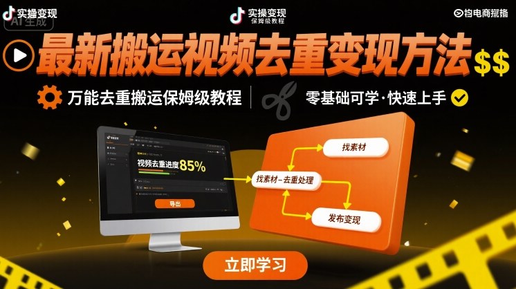最新搬运视频去重变现方法，万能去重搬运保姆级教程-校睿铺
