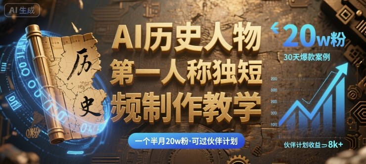 最新AI历史人物第一人称独白短视频制作教学，一个半月20w粉，可过伙伴计划-校睿铺