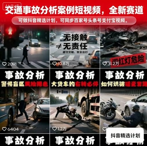 交通事故分析案例短视频，全新赛道，可做抖音精选计划，可同步百家号头条号支付宝视频号平台-校睿铺