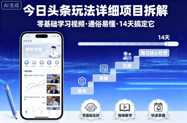 今日头条玩法详细项目拆解，零基础学习视频 通俗易懂 14天搞定它-校睿铺