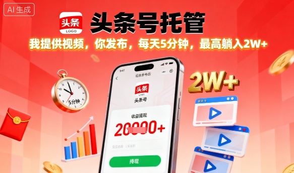 【头条号托管】我提供视频，你发布，每天5分钟，最高躺入2W+【揭秘】-校睿铺