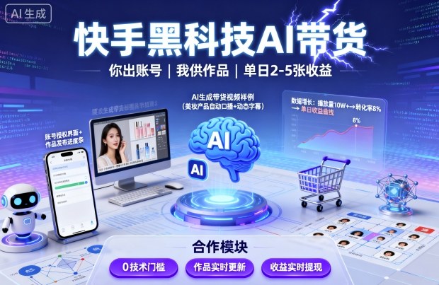 快手黑科技AI带货，你提供账号，我提供作品并发布，单日2-5张【揭秘】-校睿铺