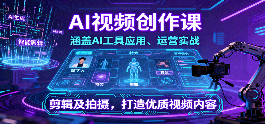 AI视频创作课，涵盖AI工具应用、运营实战、剪辑及拍摄，打造优质视频内容-校睿铺