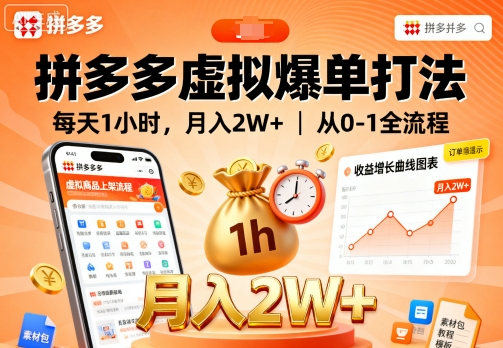 拼多多虚拟爆单打法，每天1小时，月入2W+，从0-1全流程-校睿铺