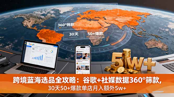 跨境蓝海选品全攻略：谷歌+社媒数据360°筛款,30天50+爆款单店月入额外5w+-校睿铺