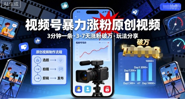 视频号暴力涨粉原创视频，3分钟一条原创视频，3-7天涨粉破万，玩法分享给你-校睿铺
