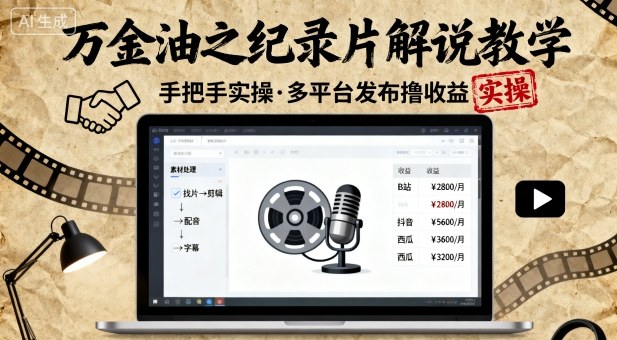 万金油之纪录片解说教学，手把手教你，完全实操，多平台发布撸收益-校睿铺