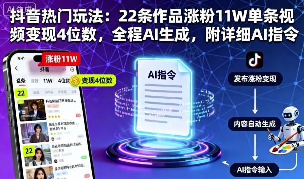 抖音热门玩法：22条作品涨粉11W单条视频变现4位数，全程AI生成，附详细AI指令-校睿铺