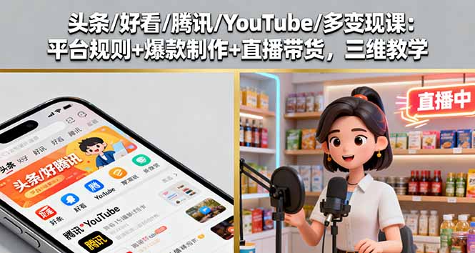 头条/好看/腾讯/YouTube/多变现课：平台规则+爆款制作+直播带货，三维教学-校睿铺