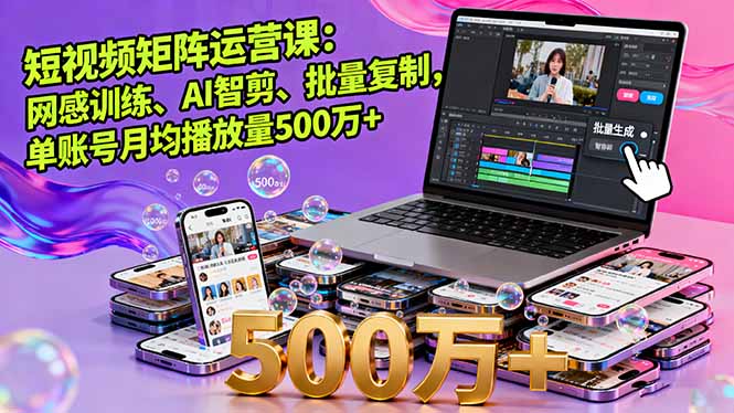 短视频矩阵运营课：网感训练、AI智剪、批量复制，单账号月均播放量500万+-校睿铺