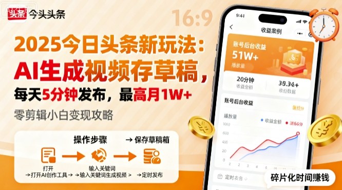 2025年今日头条躺賺新玩法，AI生成视频存草稿，每天5分钟发布，最高月1W+【揭秘】-校睿铺