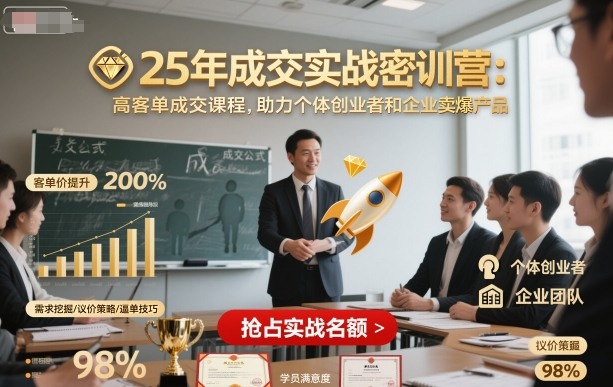 25年成交实战密训营，高客单成交课程，助力个体创业者和企业卖爆产品-校睿铺