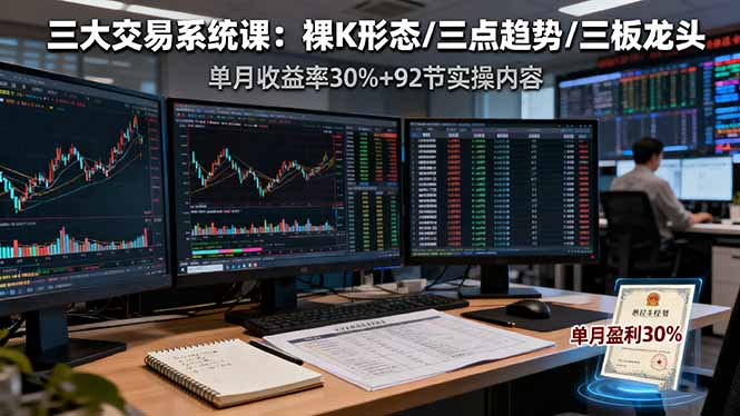 三大交易系统课：裸K形态/三点趋势/三板体系，单月收益率30%+92节实操内容-校睿铺