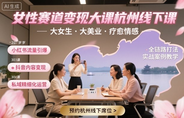 女性赛道变现大课杭州线下，大女生，大美业，疗愈情感，一套小红书、抖音、私域全链路打法-校睿铺