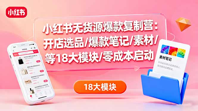 小红书无货源爆款复制营：开店选品/爆款笔记/素材/等18大模块/零成本启动-校睿铺