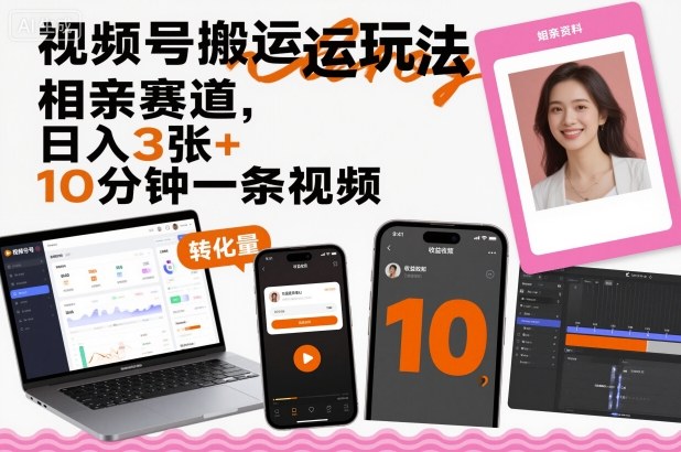 视频号搬运玩法，相亲赛道，日入3张+，10分钟一条视频-校睿铺