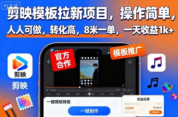 剪映模板拉新项目，操作简单，人人可做，转化高，8米一单，一天收益1k+-校睿铺