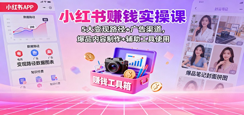 小红书赚钱实操课：5大变现路径+广告渠道，爆品内容制作+辅助工具使用-校睿铺