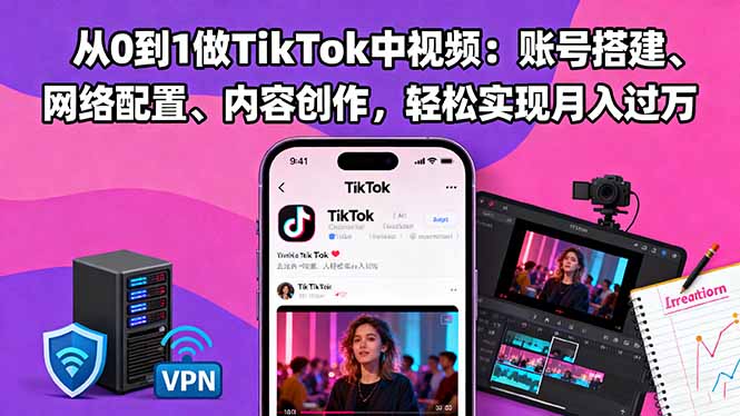 从0到1做TikTok中视频：账号搭建、网络配置、内容创作，轻松实现月入过万-校睿铺