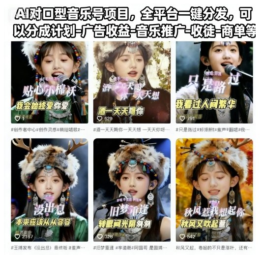 AI对口型音乐号项目，全平台一键分发，可以分成计划-广告收益-音乐推广-收徒-商单等-校睿铺