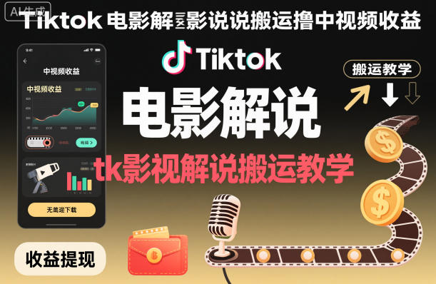 Tiktok电影解说搬运撸中视频收益，tk影视解说搬运教学-校睿铺