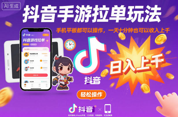 抖音手游拉单玩法，手机平板都可以操作，一天十分钟也可以收入上K【揭秘】-校睿铺