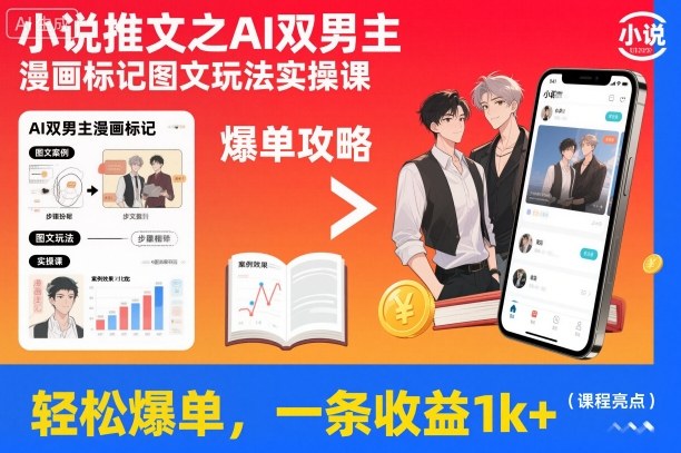 小说推文之AI双男主漫画标记图文玩法实操课，轻松爆单，一条收益1k+-校睿铺