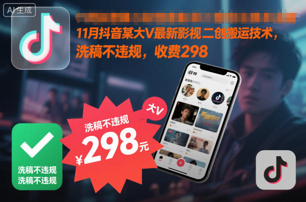 11月抖音某大V最新影视二创搬运技术，洗稿不违规，收费298-校睿铺