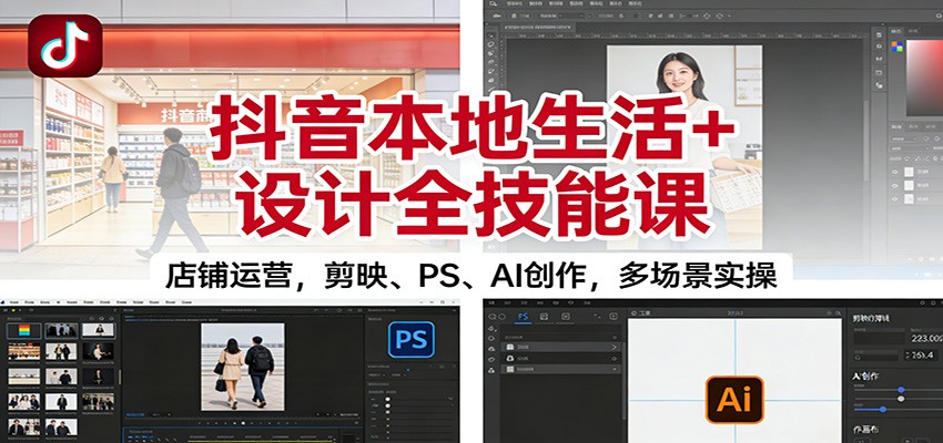 抖音本地生活+设计全技能课：店铺运营，剪映、PS、AI创作，多场景实操-校睿铺