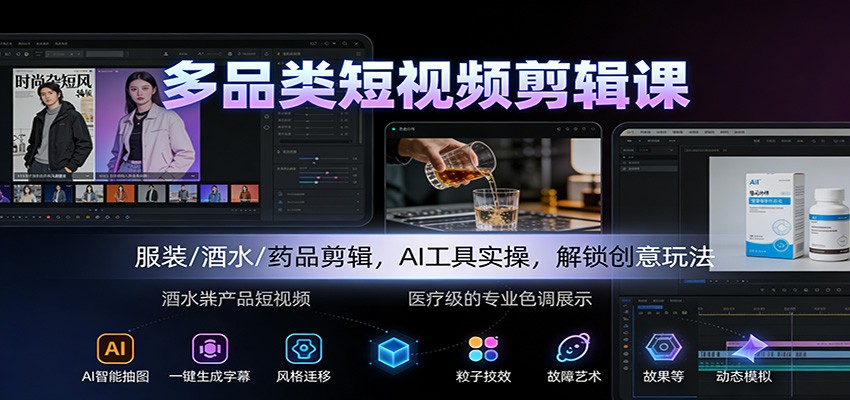 多品类短视频剪辑课：服装/酒水/药品剪辑，AI工具实操，解锁创意玩法-校睿铺