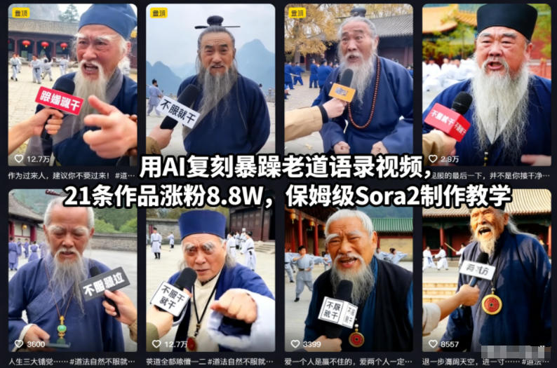 用AI复刻暴躁老道语录视频，21条作品涨粉8.8W，保姆级Sora2制作教学-校睿铺