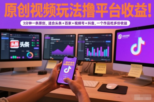 原创视频玩法撸平台收益，3分钟一条原创，适合头条+百家+视频号+抖音，一个作品吃多份收益-校睿铺