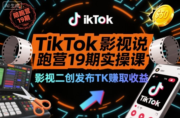 TikTok影视解说陪跑营19期实操课，影视二创发布TK賺取收益，万播收益50美金(更新)-校睿铺