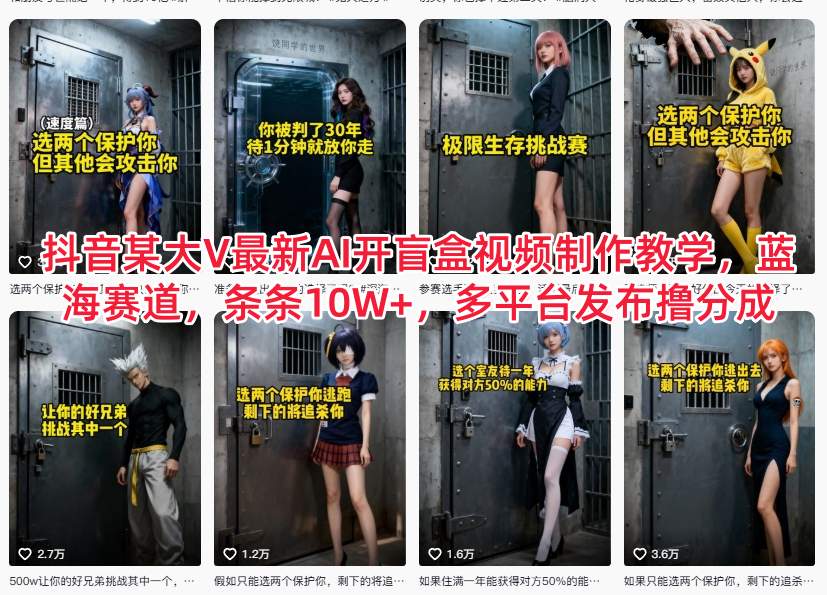 抖音某大V最新AI开盲盒视频制作教学，蓝海赛道，条条10W+，多平台发布撸分成-校睿铺