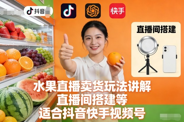 水果直播卖货玩法讲解、直播间搭建等，适合抖音快手视频号-校睿铺