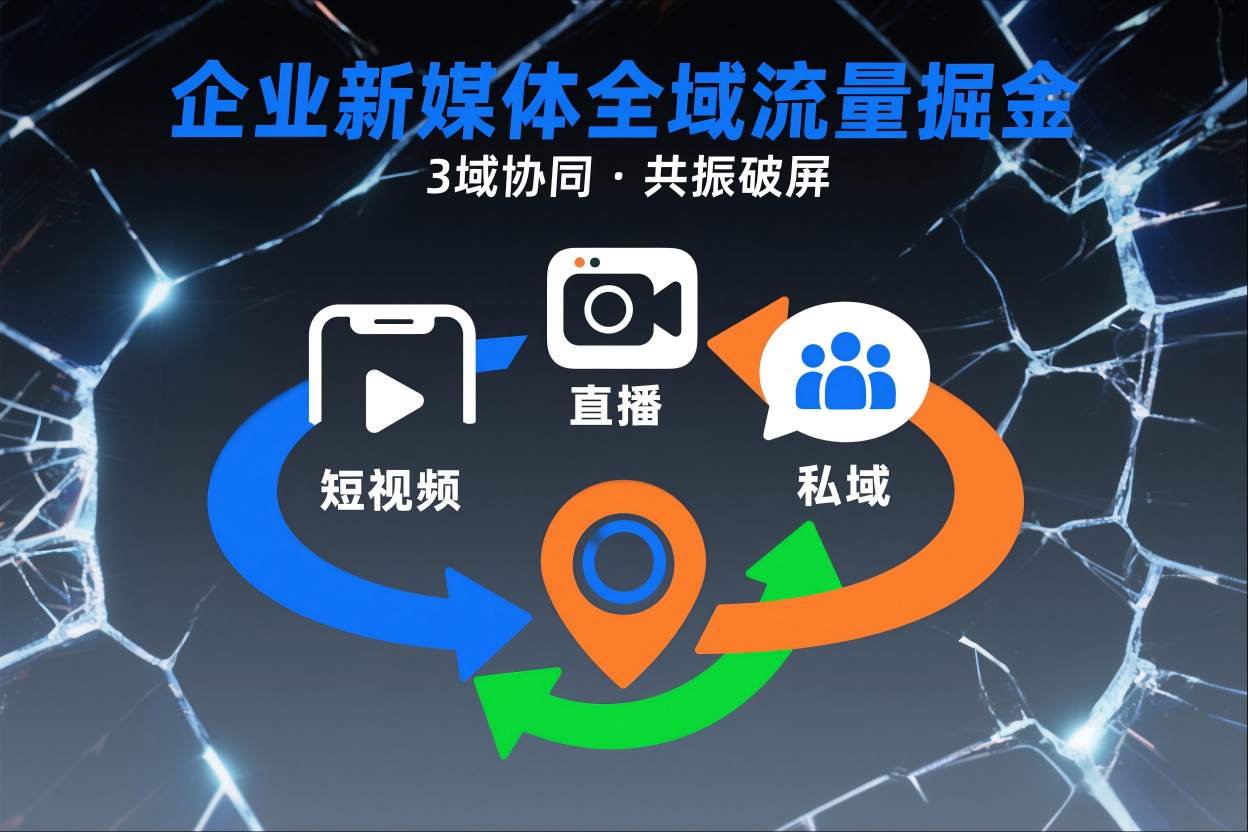 短视频全域商业模式，企业新媒体全域流量掘金，3域协同，共振破屏，短视频-直播-私域-地域-校睿铺