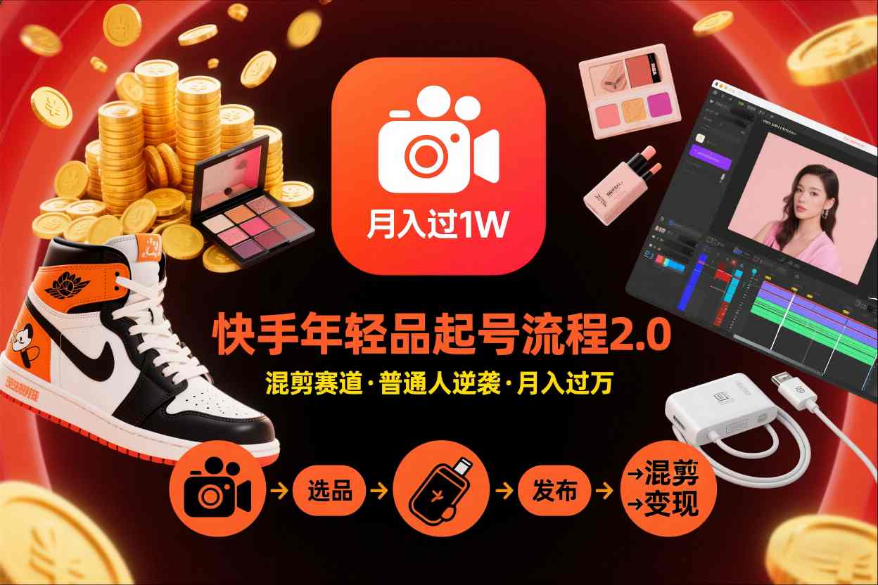 快手短视频带货年轻品起号流程2.0，快手年轻品混剪赛道，普通人也能月入过1W-校睿铺